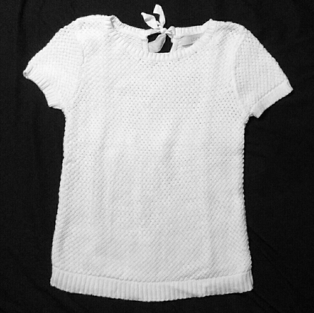 LOFT S sweater keyhole tie neck short sleeve ivory